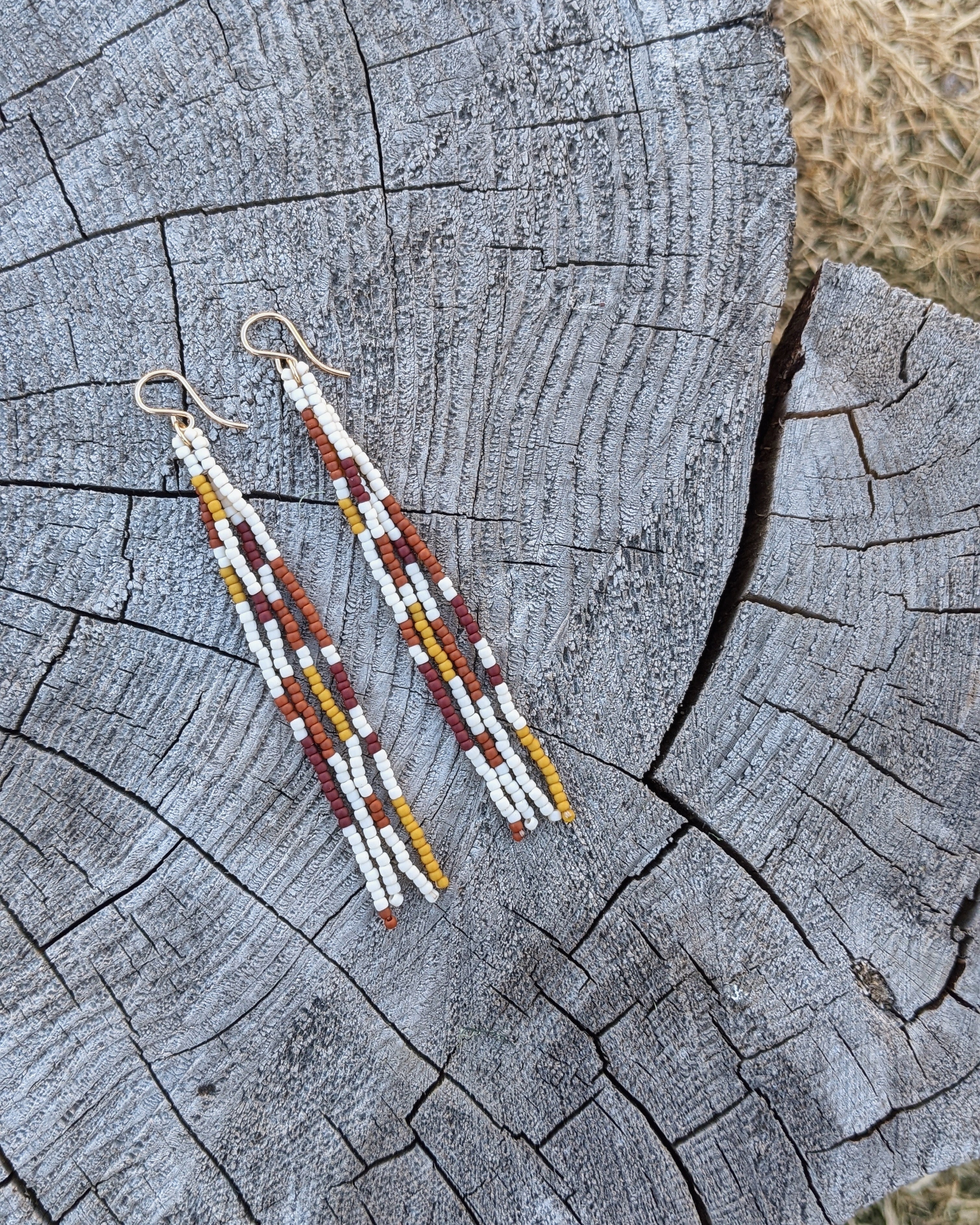 Patchwork Ivory Long Fringe Beaded Earrings
