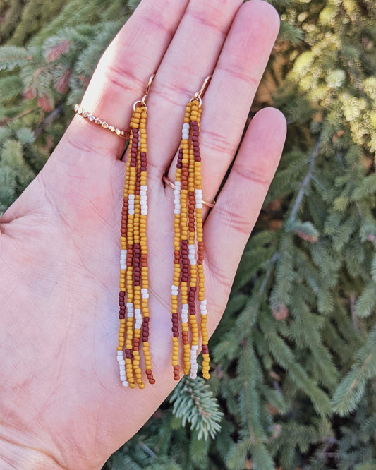 Patchwork Mustard Long Fringe Beaded Earrings