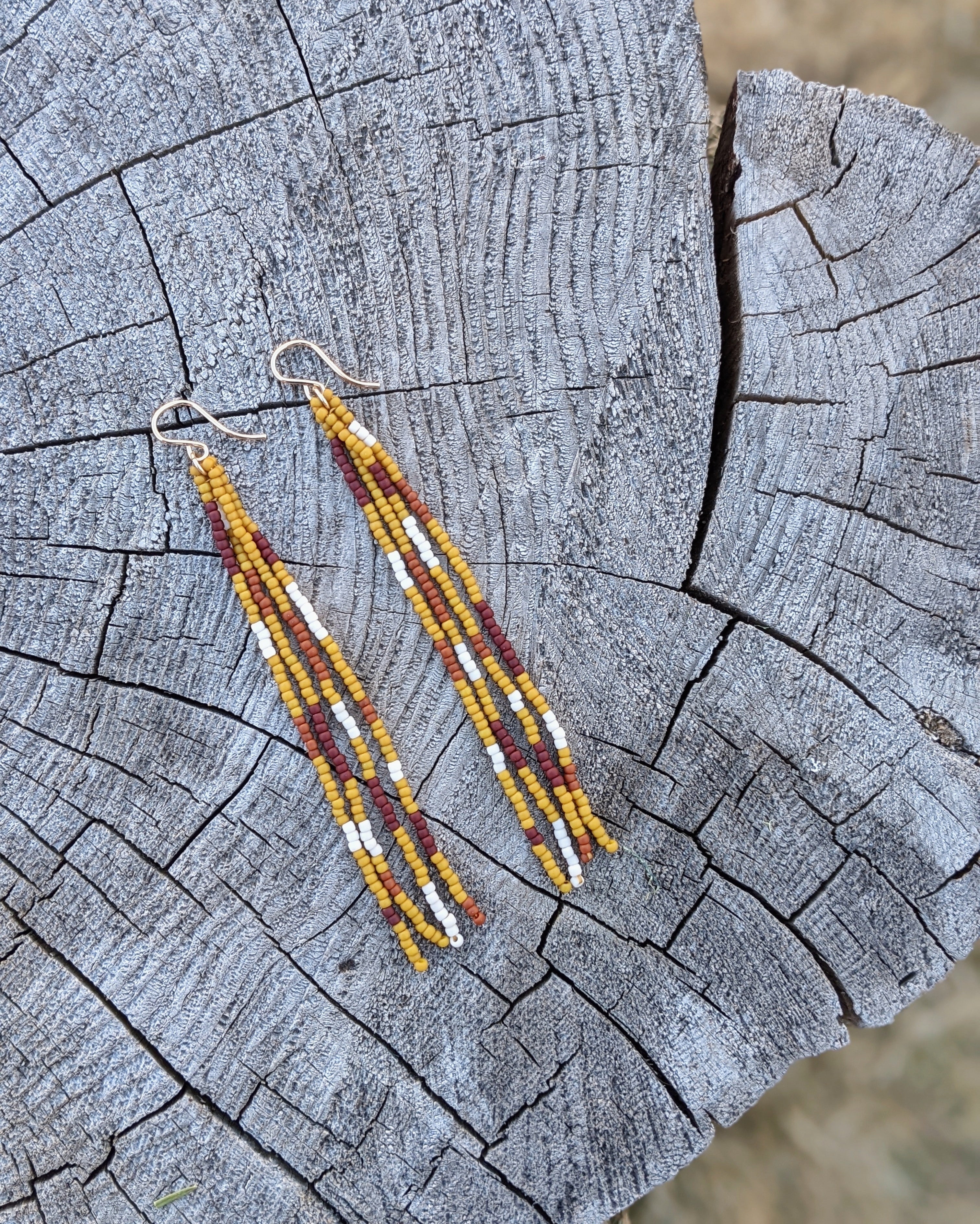 Patchwork Mustard Long Fringe Beaded Earrings