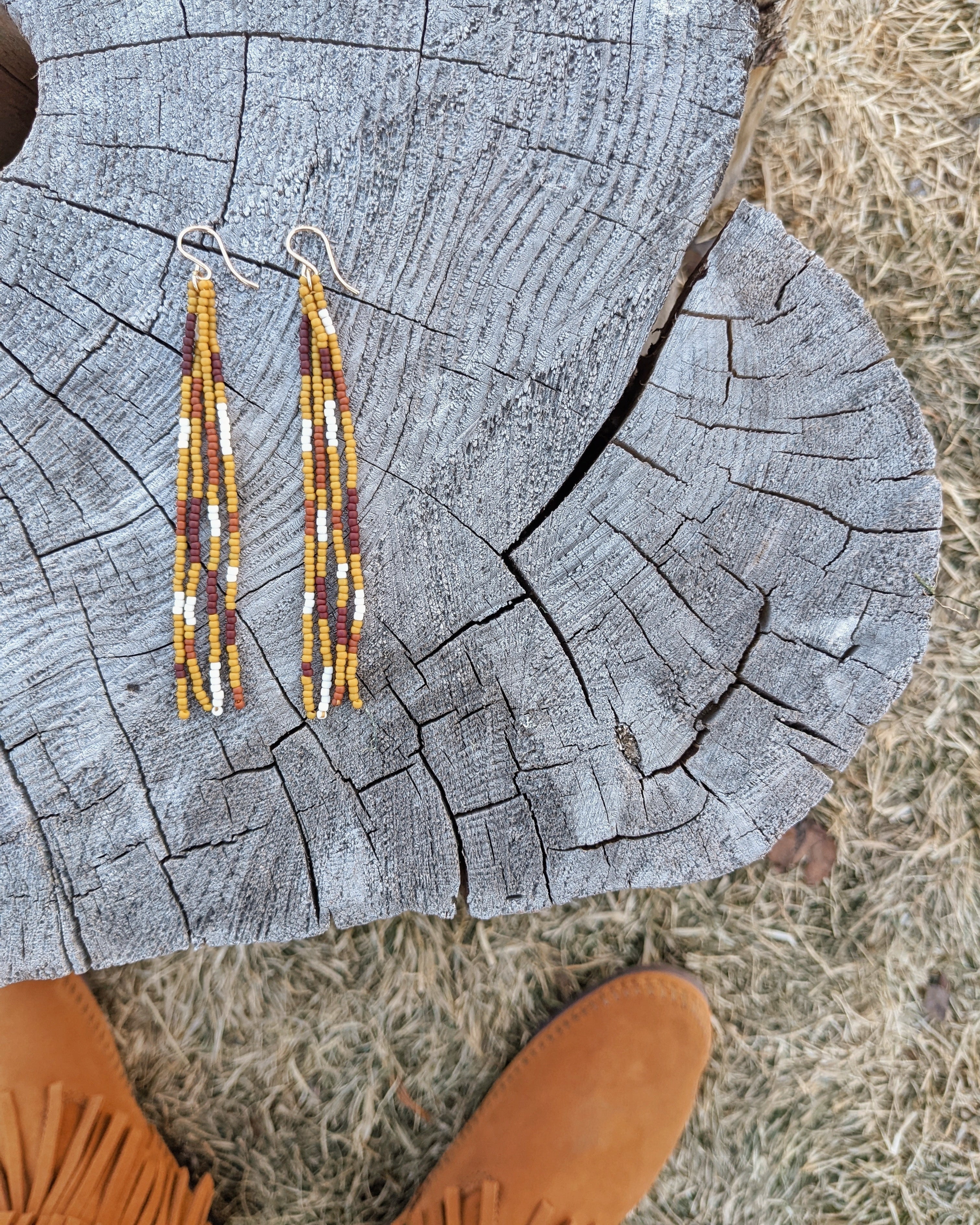 Patchwork Mustard Long Fringe Beaded Earrings