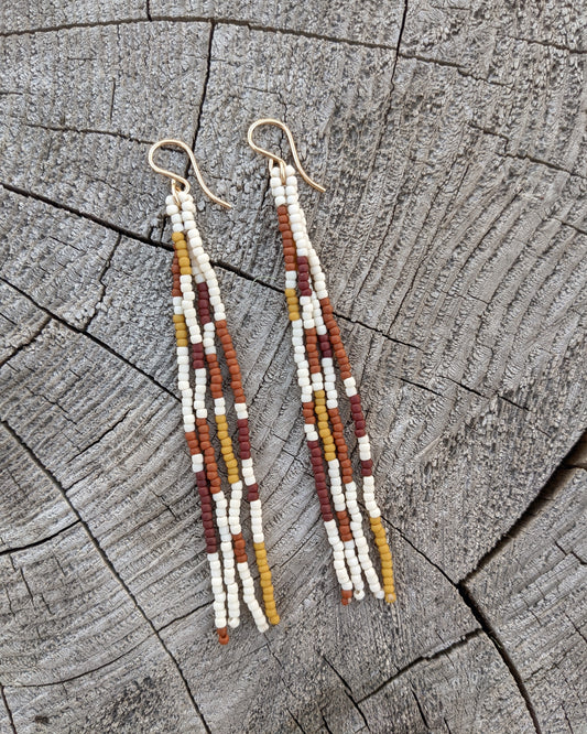 Patchwork Ivory Long Fringe Beaded Earrings