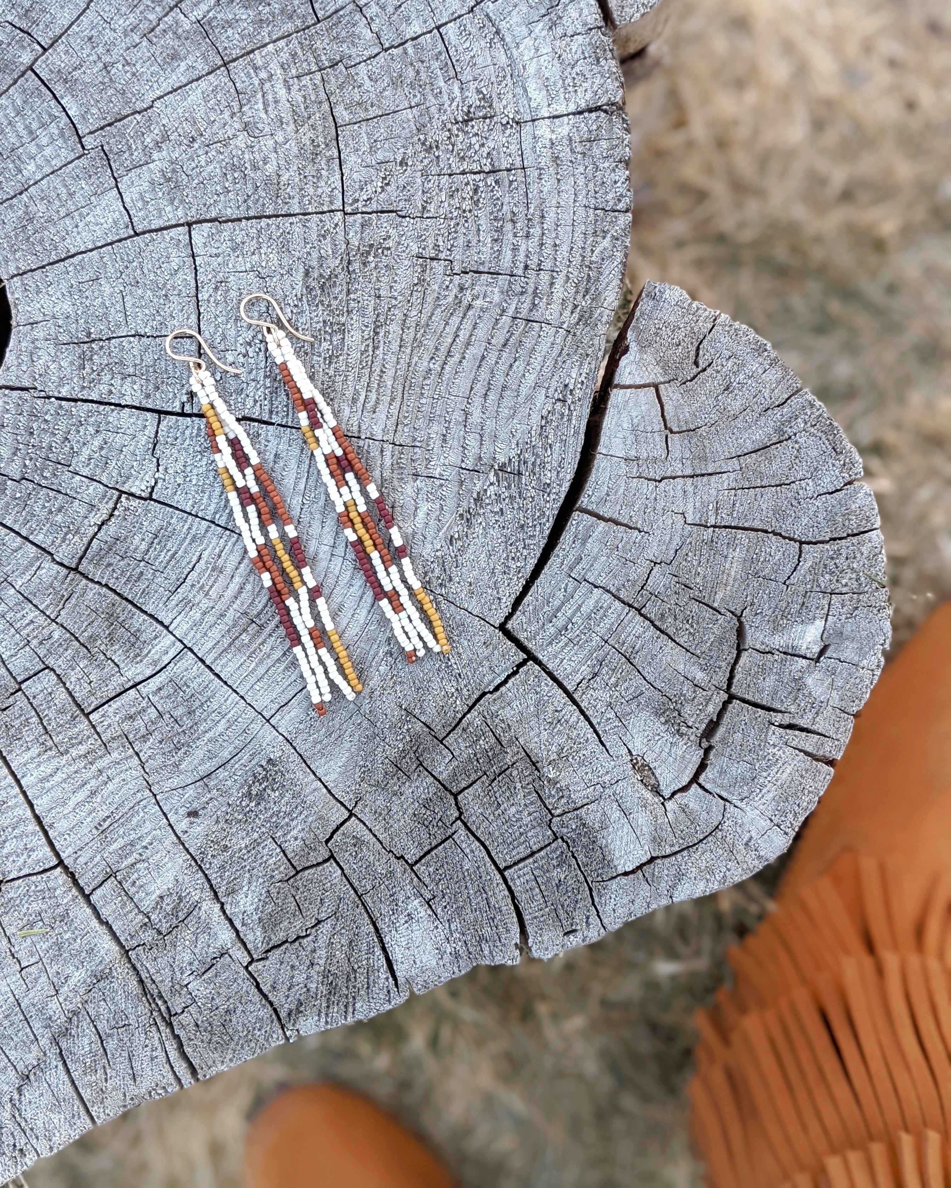 Patchwork Ivory Long Fringe Beaded Earrings