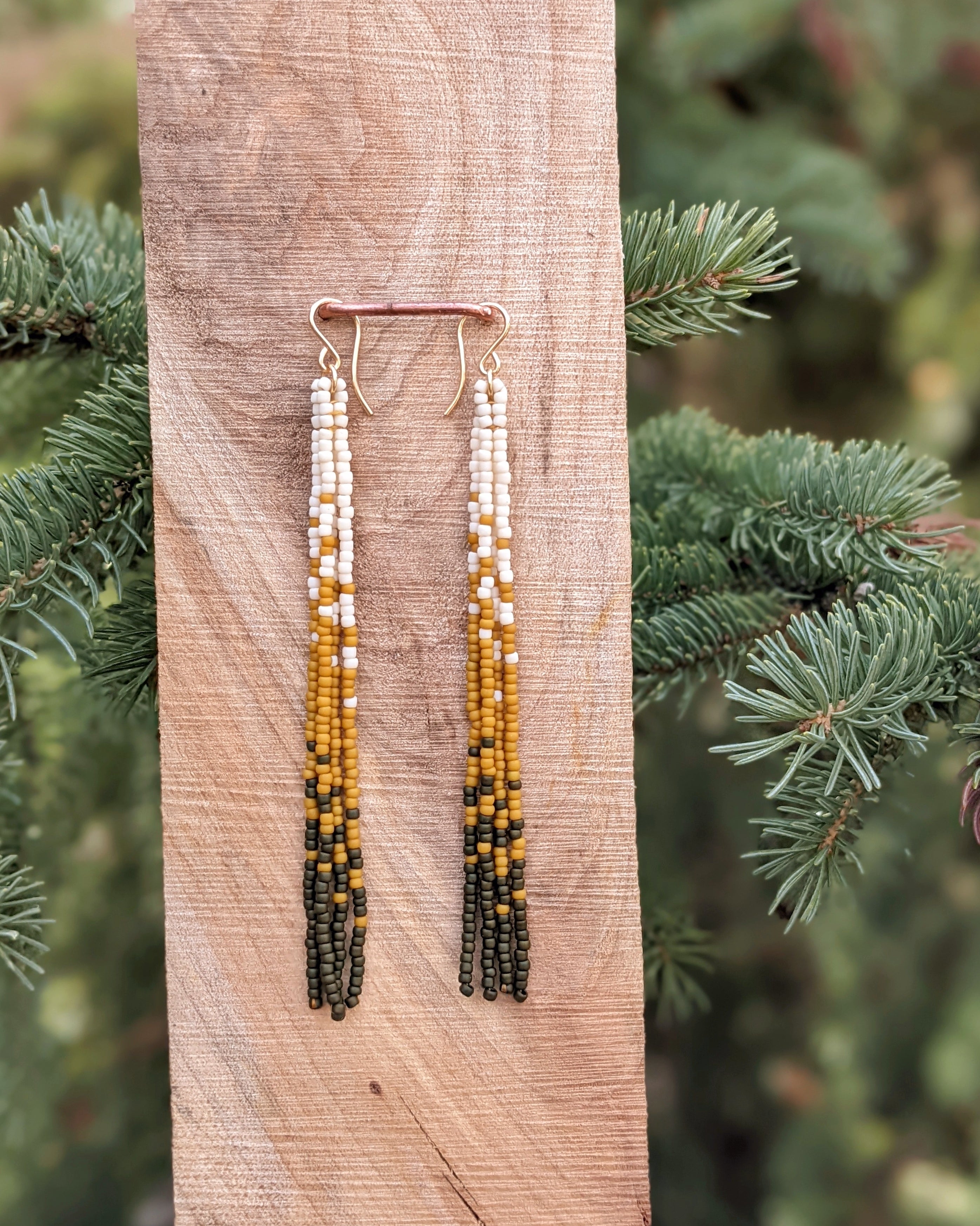Larch Pine Long Fringe Beaded Earrings