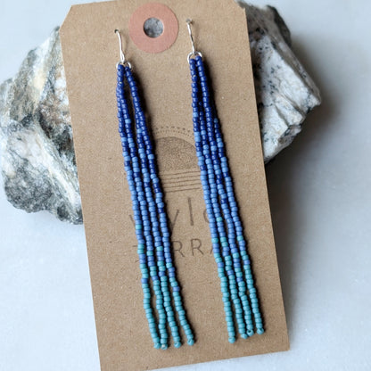 Deep Ocean Long Beaded Fringe Earrings