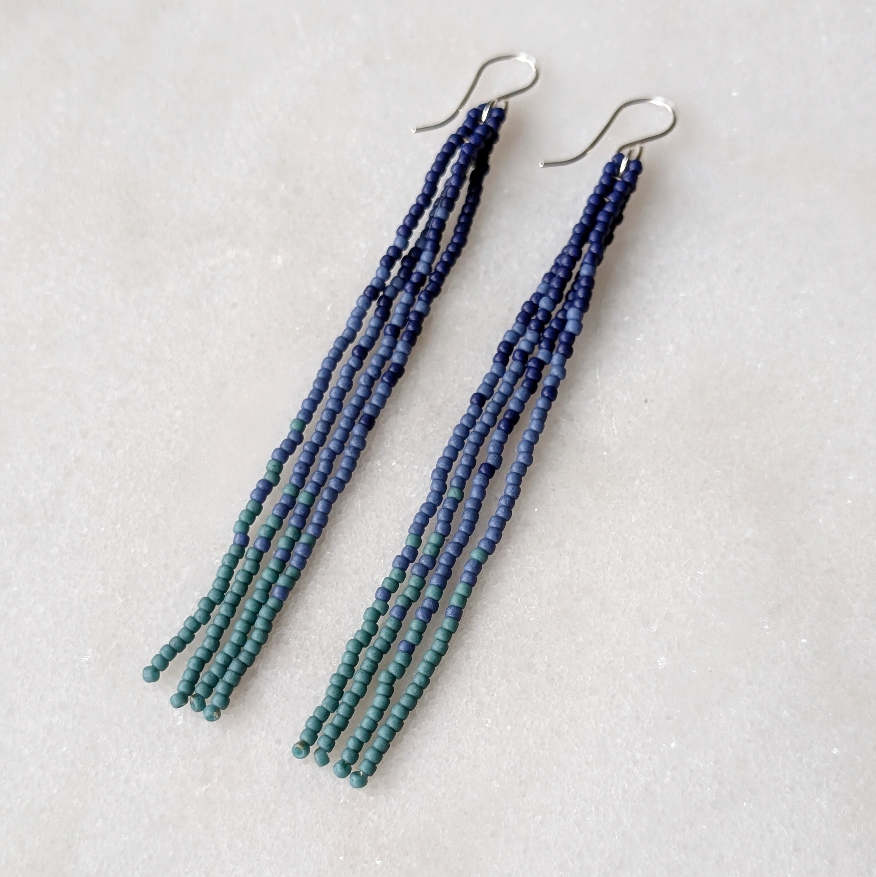 Deep Ocean Long Beaded Fringe Earrings