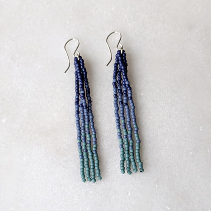 Deep Ocean Short Beaded Fringe Earrings