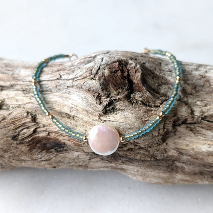 Freshwater Coin Pearl Bronzed Teal Bracelet