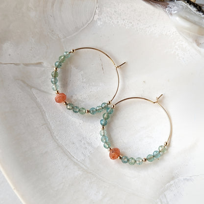 Aqua Teal Green Apatite & Oregon Sunstone Hoops