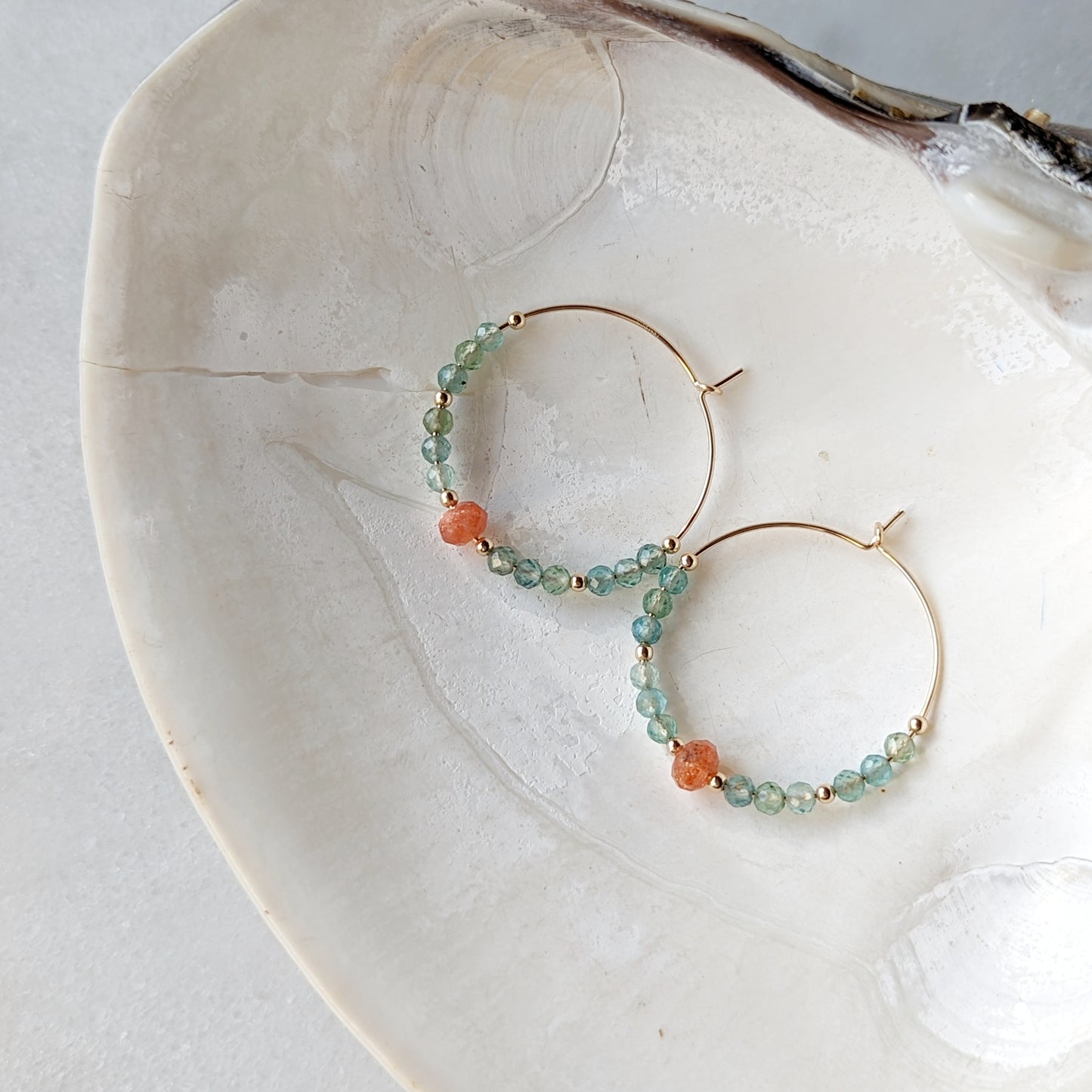 Aqua Teal Green Apatite & Oregon Sunstone Hoops