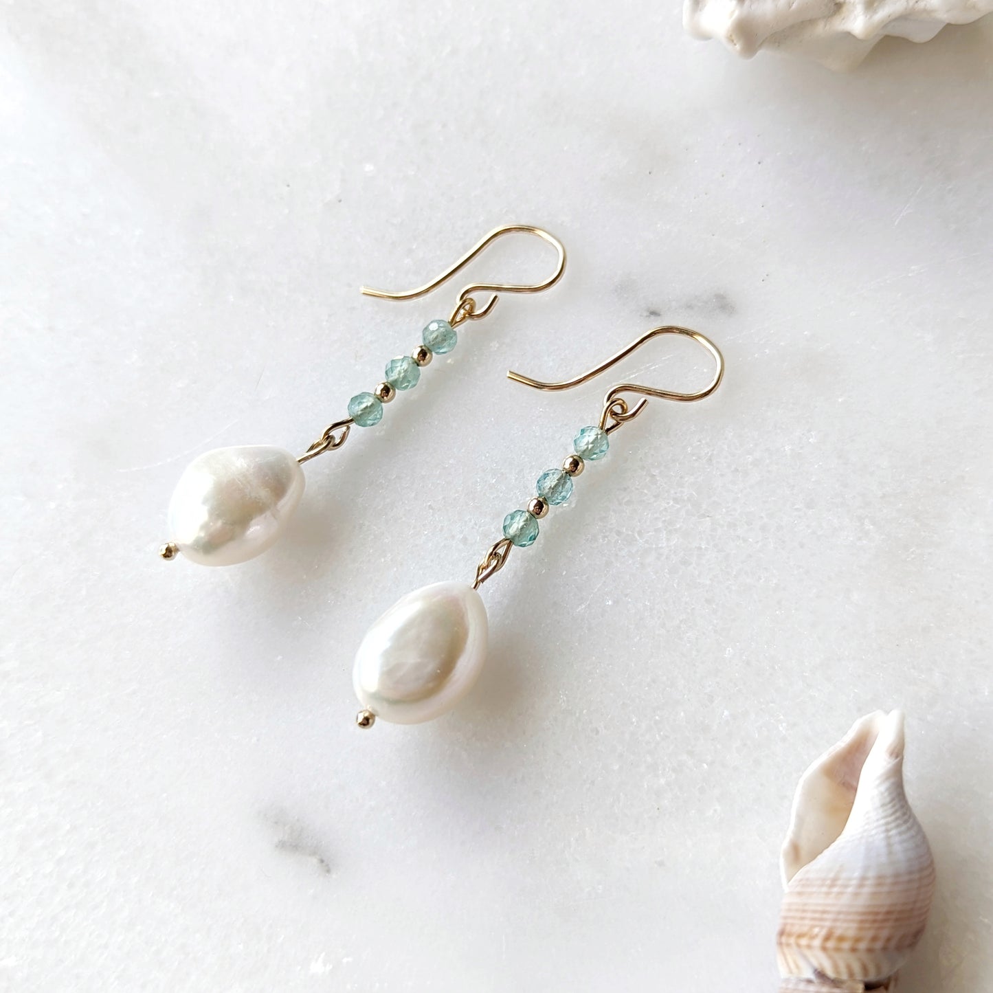 Aqua Teal Green Apatite & Freshwater Pearl Drop Dangles