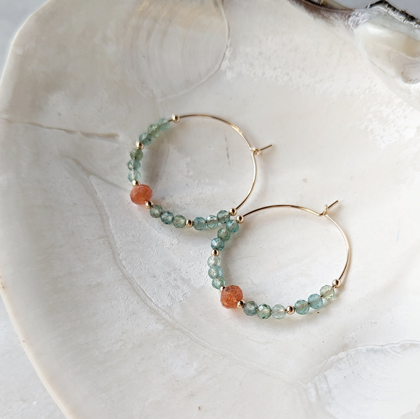 Aqua Teal Green Apatite & Oregon Sunstone Hoops