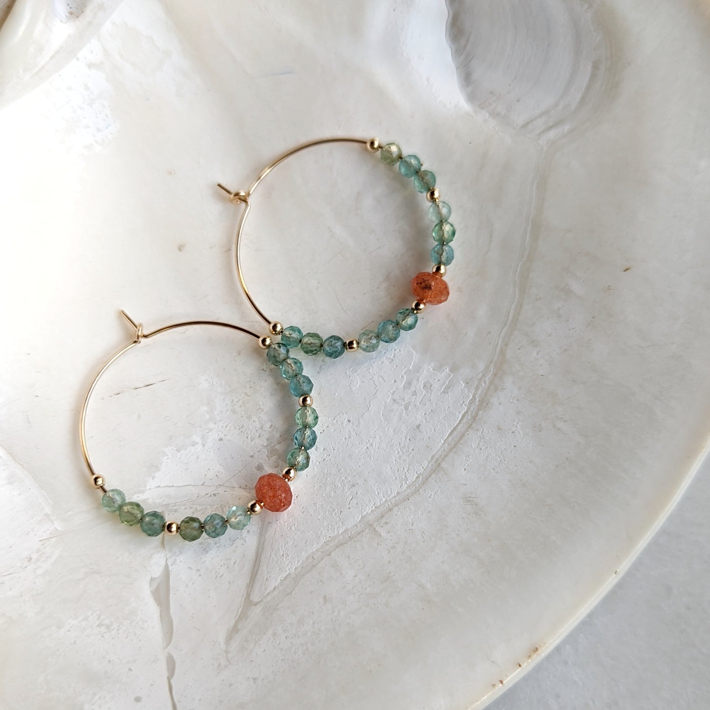 Aqua Teal Green Apatite & Oregon Sunstone Hoops