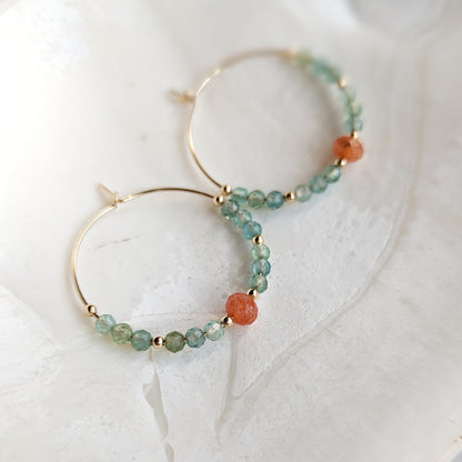 Aqua Teal Green Apatite & Oregon Sunstone Hoops