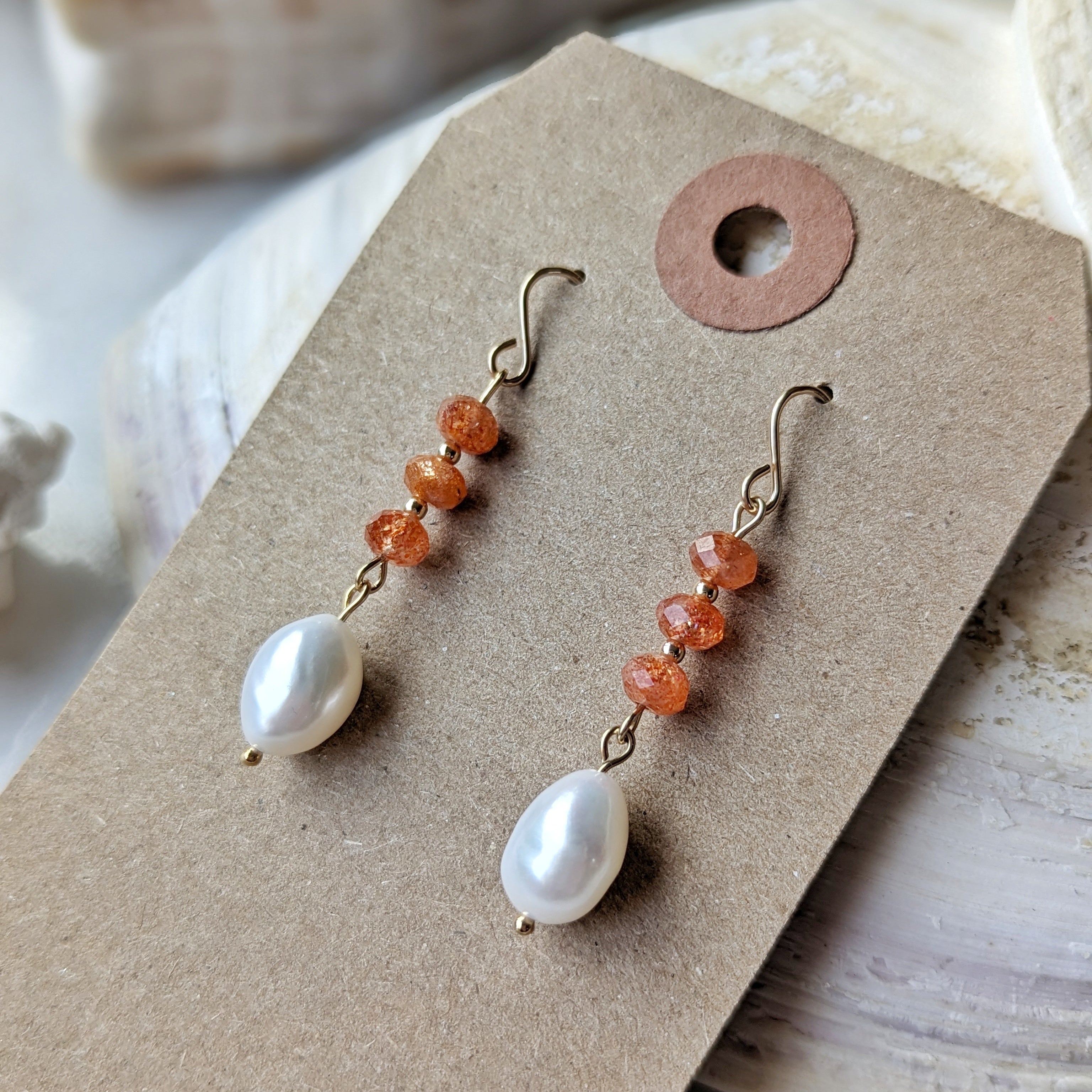 Sunstone & Freshwater Pearl Drop Dangles