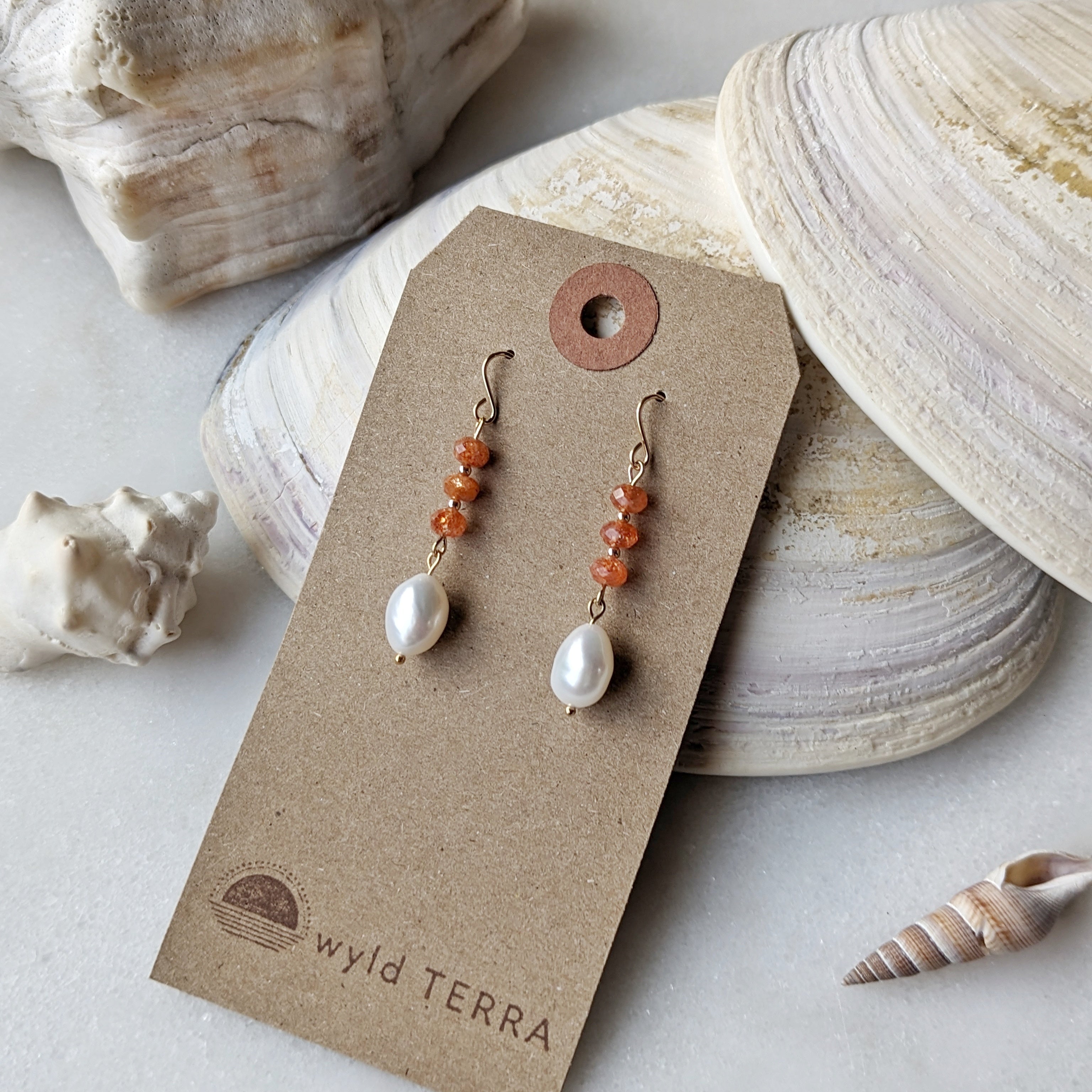Sunstone & Freshwater Pearl Drop Dangles