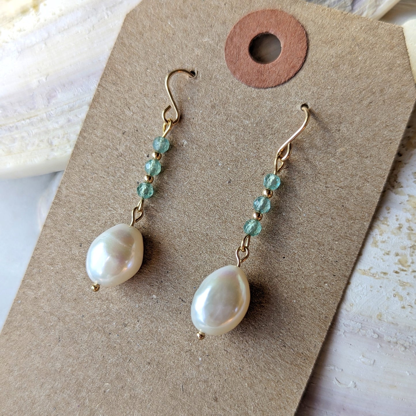 Aqua Teal Green Apatite & Freshwater Pearl Drop Dangles