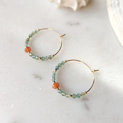 Aqua Teal Green Apatite & Oregon Sunstone Hoops