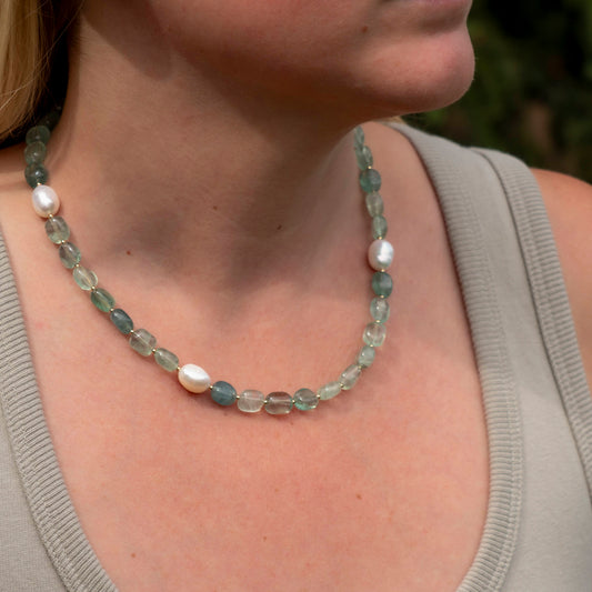 Green Florite & Freshwater Pearl Asymmetric Statement Necklace