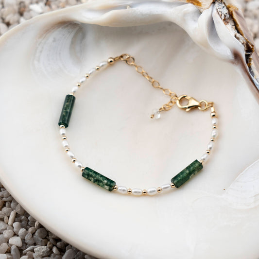 Freshwater Pearl & Moss Agate Bracelet