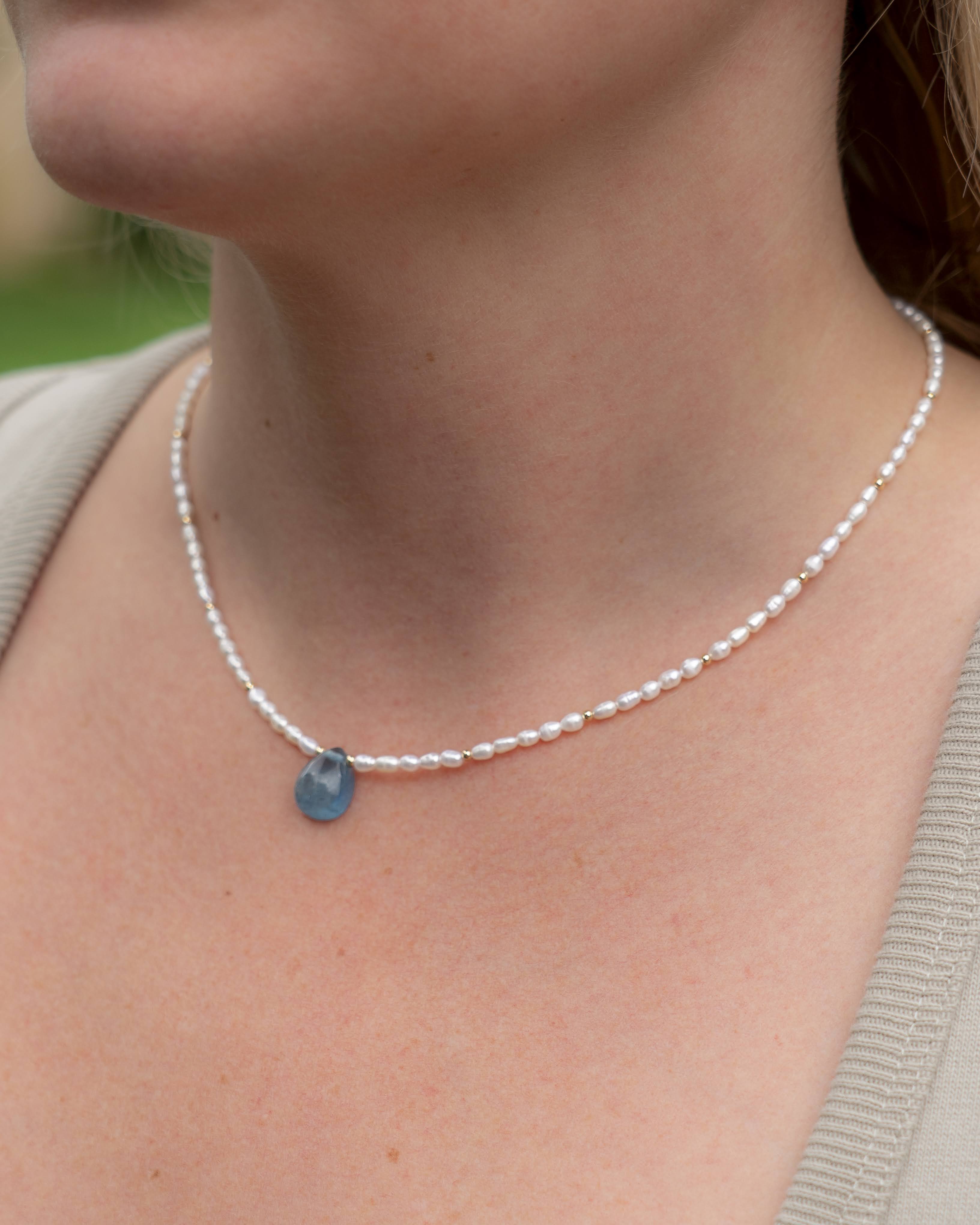 Freshwater Rice Pearl & Aquamarine Tear Drop Pendant