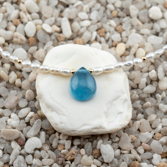Freshwater Rice Pearl & Aquamarine Tear Drop Pendant