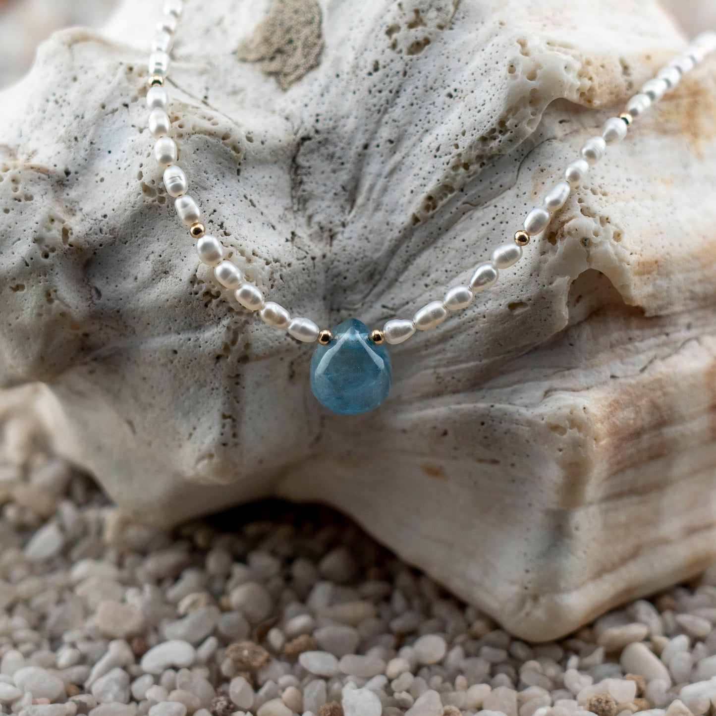 Freshwater Rice Pearl & Aquamarine Tear Drop Pendant