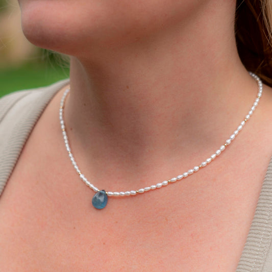 Freshwater Rice Pearl & Aquamarine Tear Drop Pendant