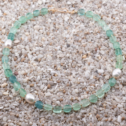 Green Florite & Freshwater Pearl Asymmetric Statement Necklace