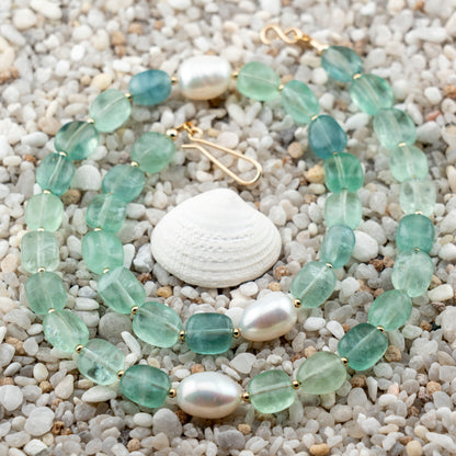 Green Florite & Freshwater Pearl Asymmetric Statement Necklace