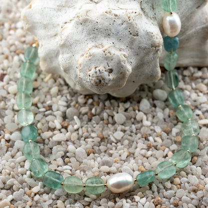 Green Florite & Freshwater Pearl Asymmetric Statement Necklace
