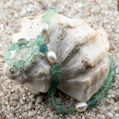 Green Florite & Freshwater Pearl Asymmetric Statement Necklace