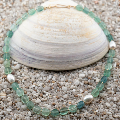 Green Florite & Freshwater Pearl Asymmetric Statement Necklace