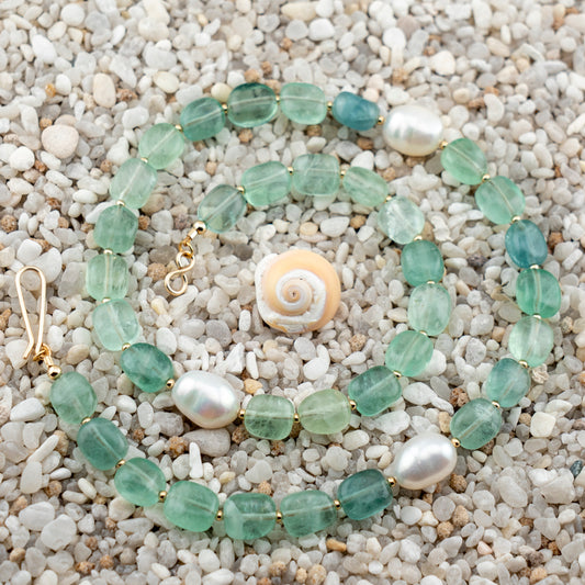Green Florite & Freshwater Pearl Asymmetric Statement Necklace