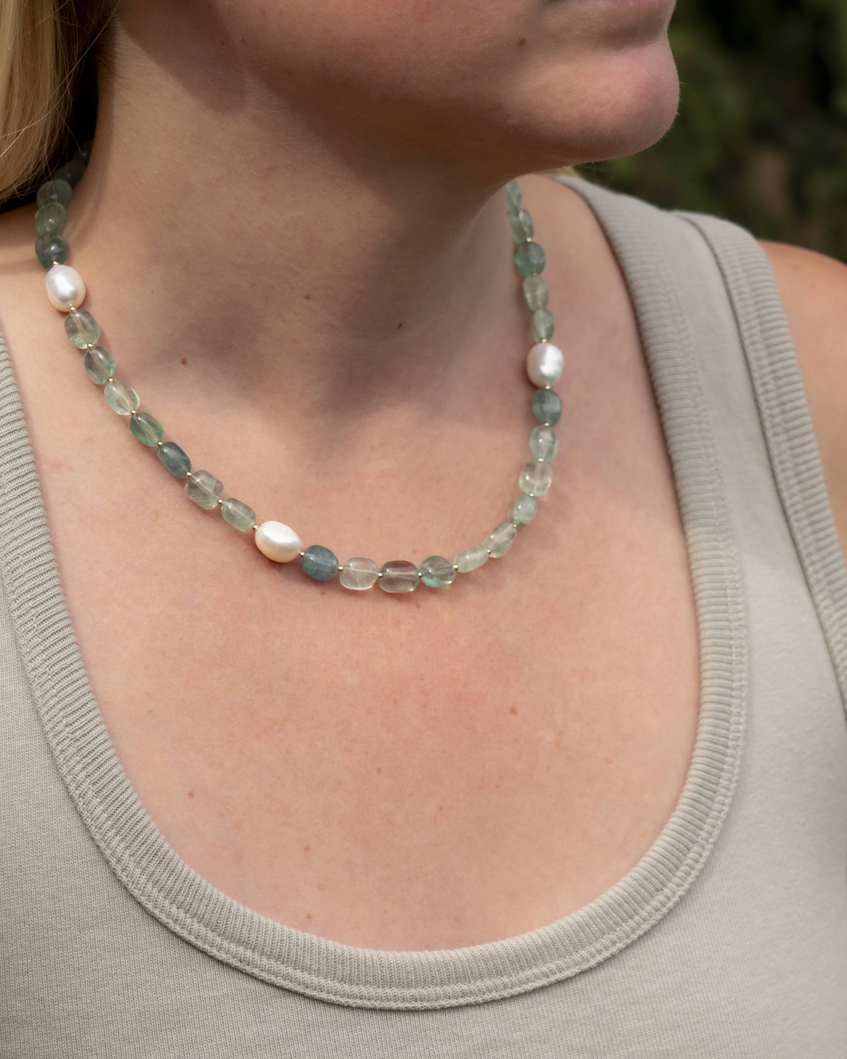 Green Florite & Freshwater Pearl Asymmetric Statement Necklace