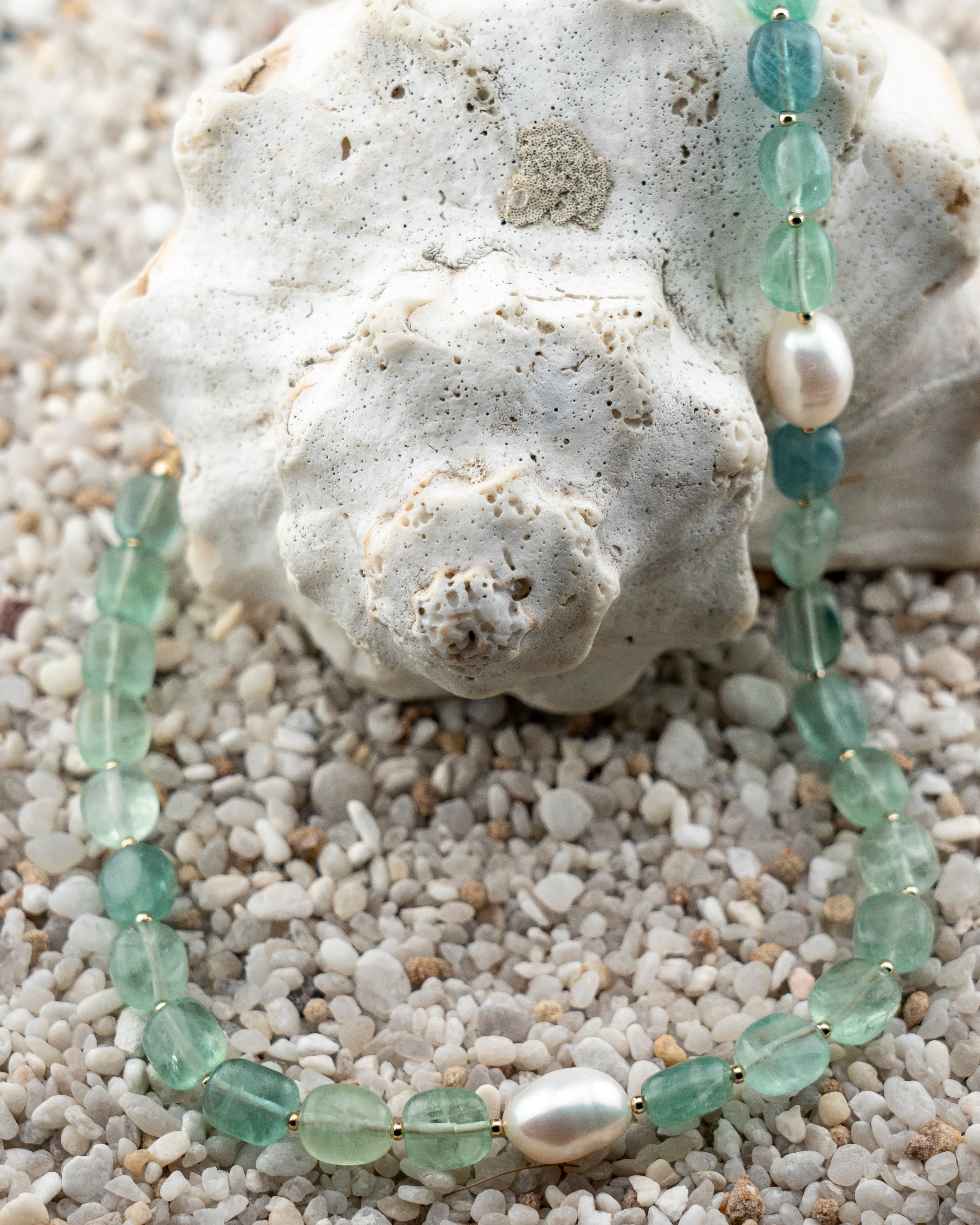 Green Florite & Freshwater Pearl Asymmetric Statement Necklace