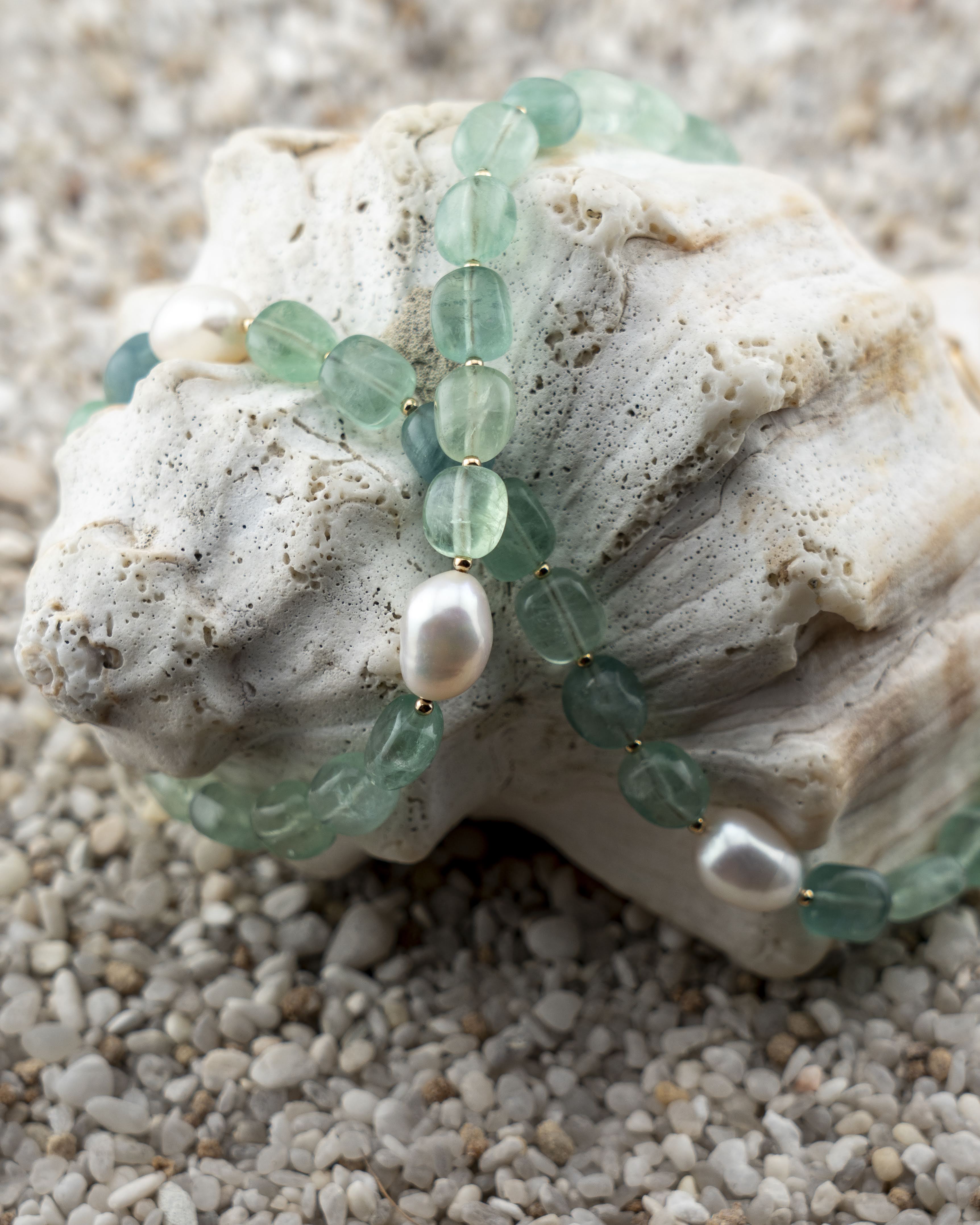 Green Florite & Freshwater Pearl Asymmetric Statement Necklace