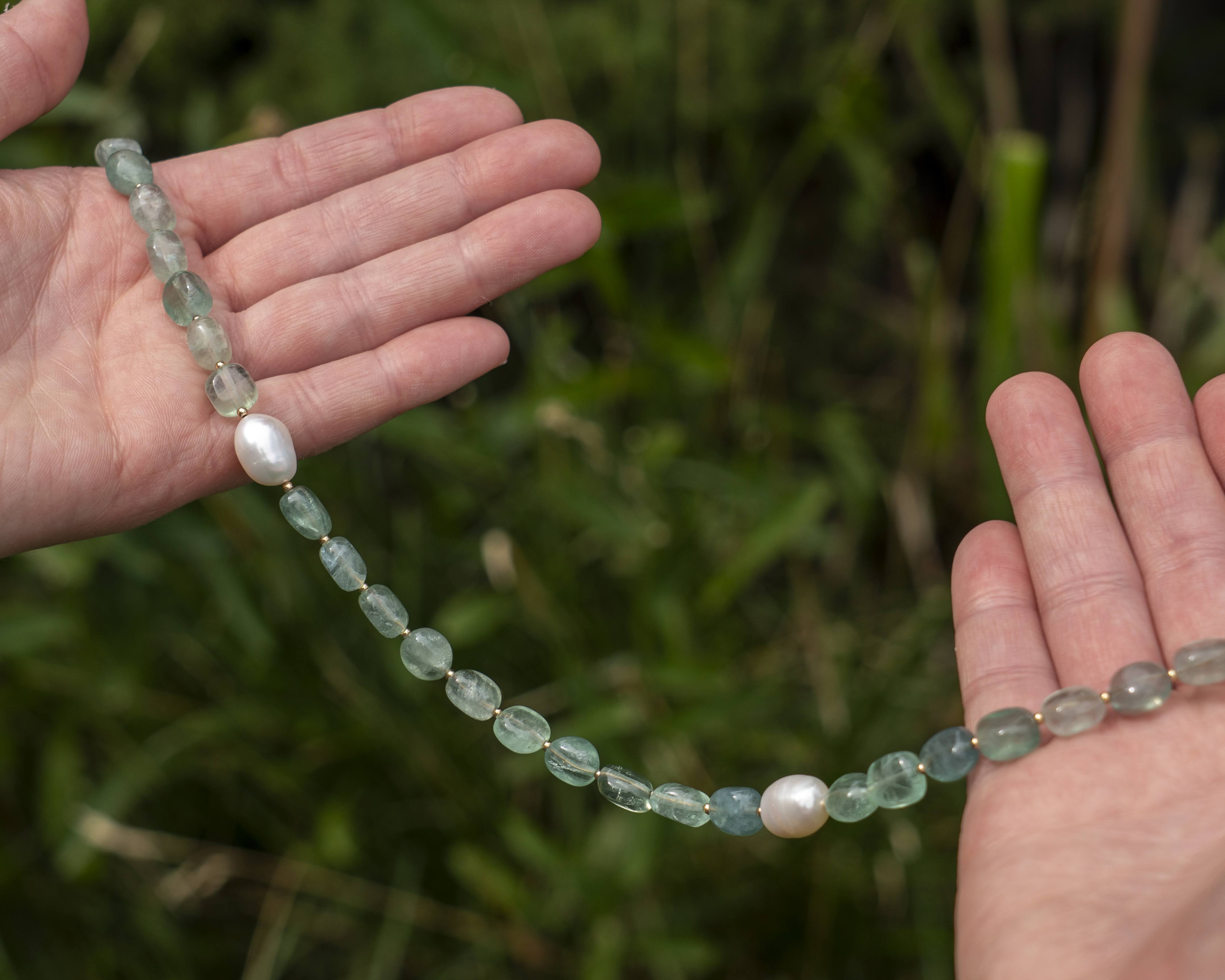 Green Florite & Freshwater Pearl Asymmetric Statement Necklace