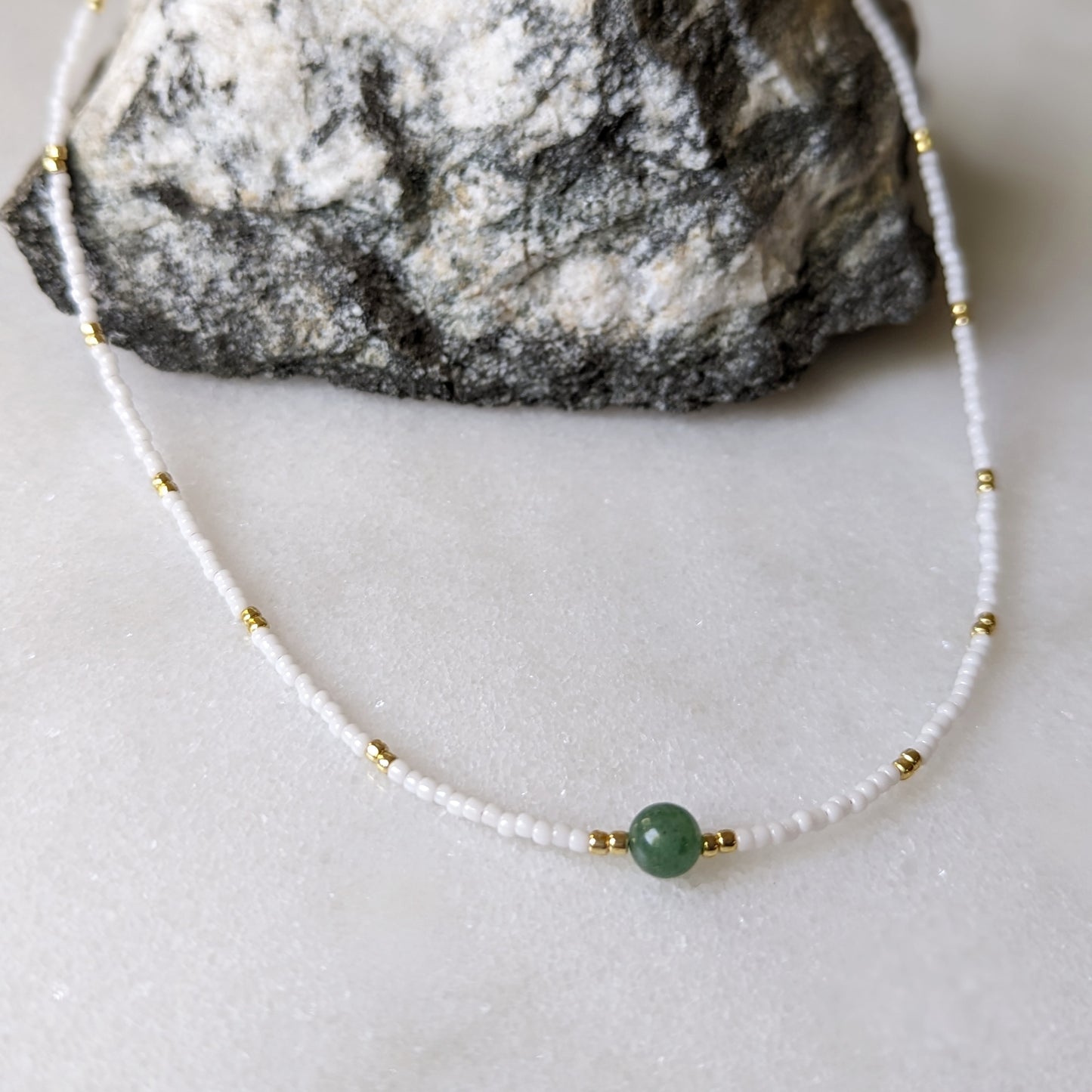 Green Aventurine White Beaded Accent Choker Necklace