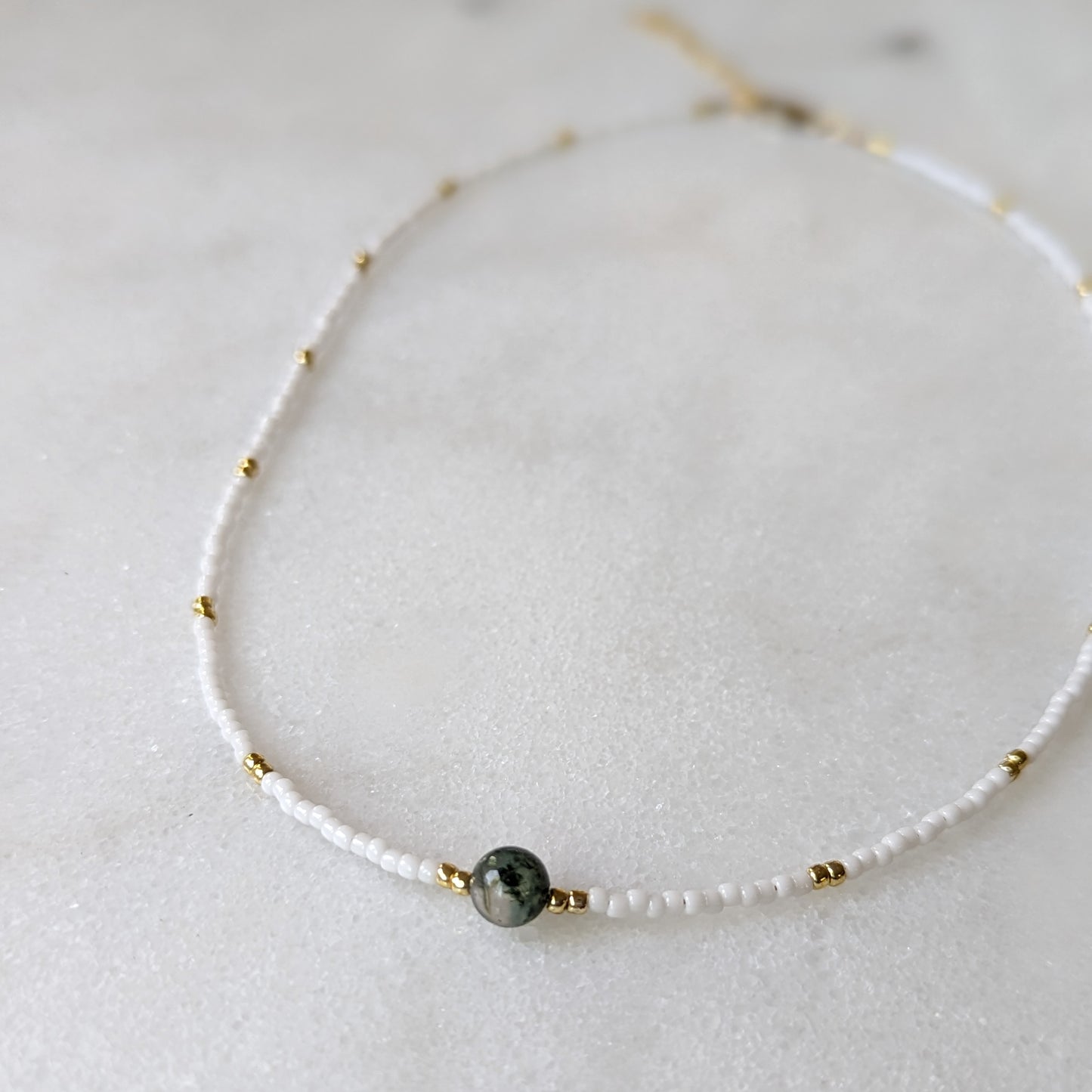 Moss Agate White Beaded Choker Necklace