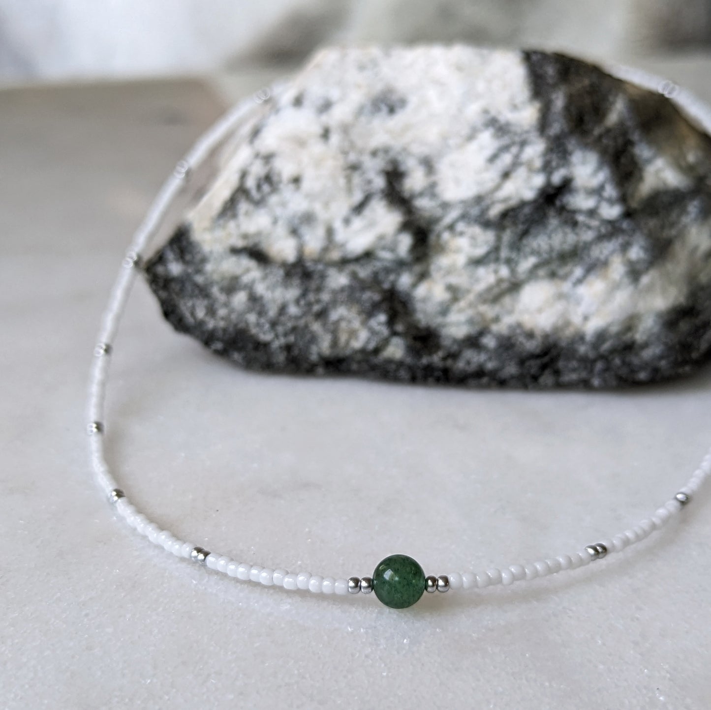 Green Aventurine White & Silver Beaded Accent Choker Necklace