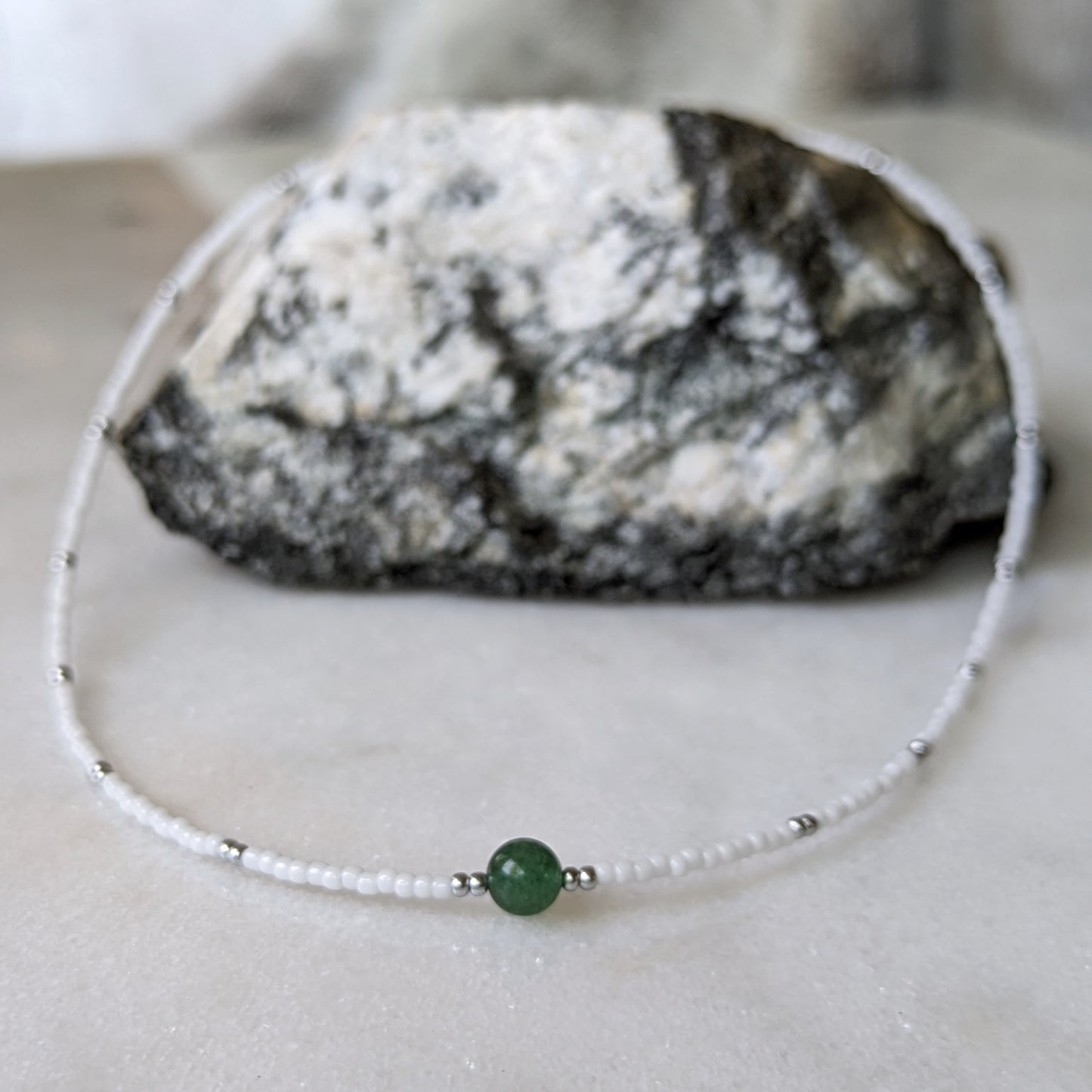 Green Aventurine White & Silver Beaded Accent Choker Necklace