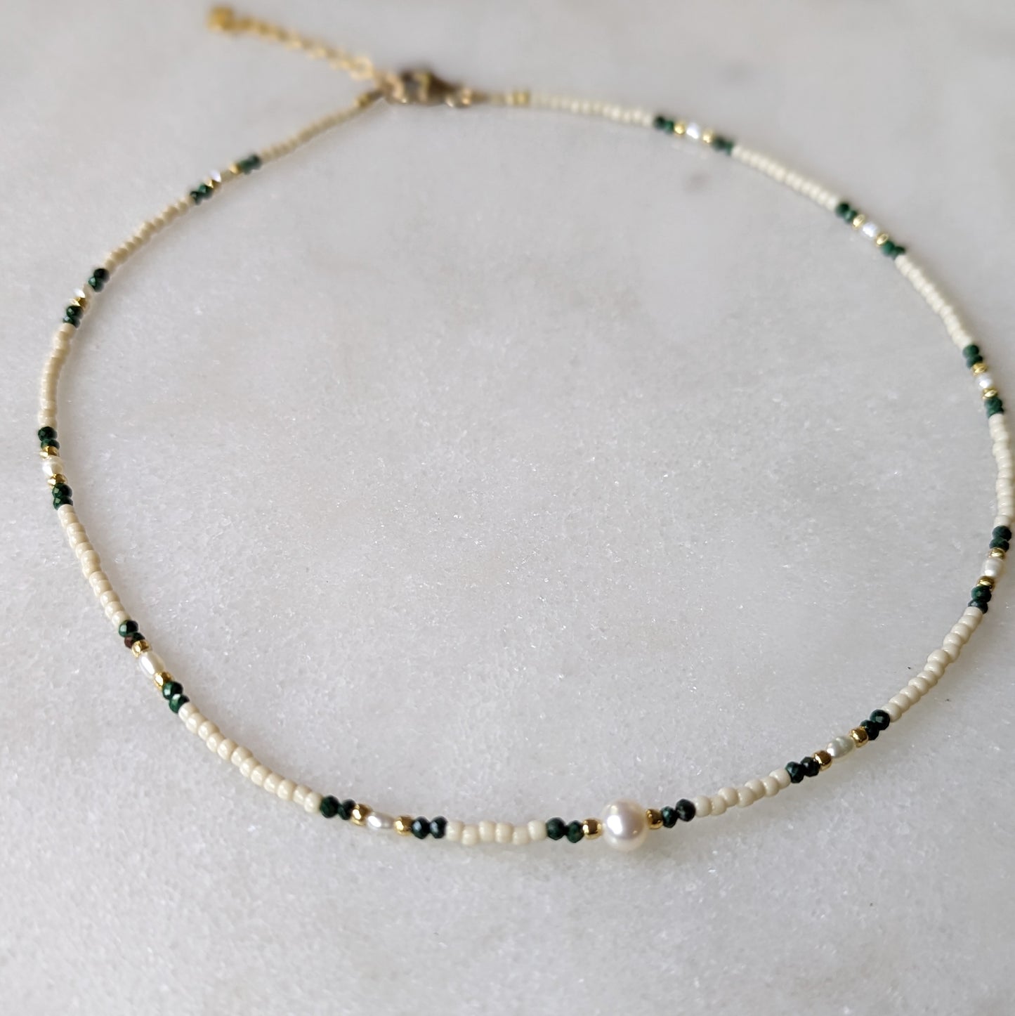 Freshwater Pearl and Malachite Accented Ivory and Gold Choker Necklace