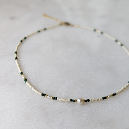 Freshwater Pearl and Malachite Accented Ivory and Gold Choker Necklace