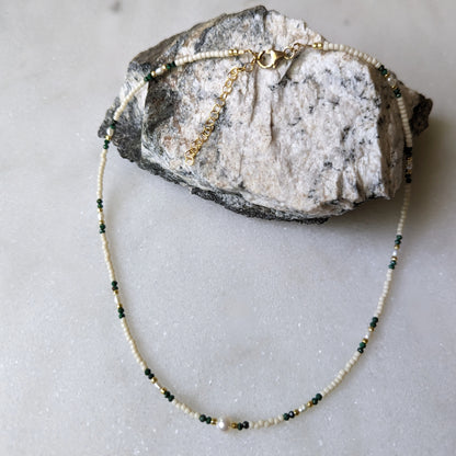 Freshwater Pearl and Malachite Accented Ivory and Gold Choker Necklace