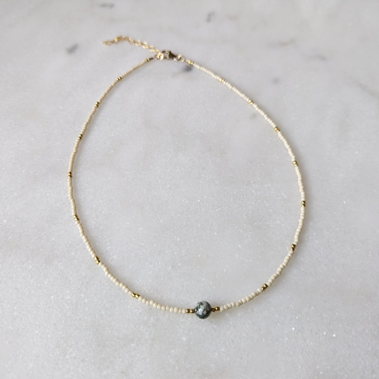 Moss Agate Ivory Beaded Accented Choker Necklace