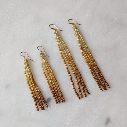 Metallic Amber Short Beaded Fringe Earrings