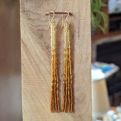 Metallic Amber Long Fringe Beaded Earrings