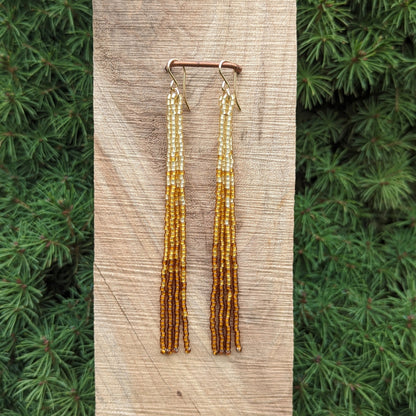 Metallic Amber Long Fringe Beaded Earrings