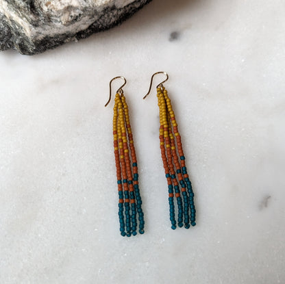 Fall Turquoise Short Beaded Fringe Earrings