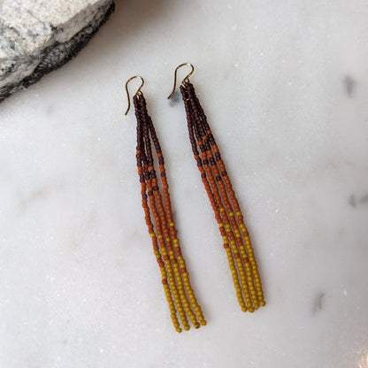 Autumn Pumpkin Spice Long Beaded Fringe Earrings